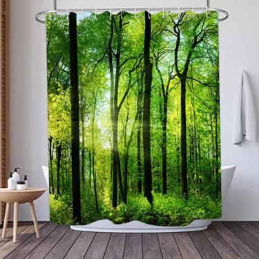 Imagem de Yeele Cortina de chuveiro paisagem natural árvores verdes floresta cortinas de banheiro primavera nascer do sol selva paisagem impermeável decoração de banheira com ganchos de plástico, 152 x 182 cm