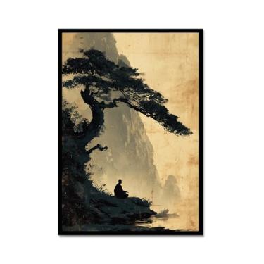 Imagem de Pôster de arte de parede de Buda Zen sombrio Bodhi Pintura Árvore Solidão Meditação Impressão em Tela Estilo Chinês Vintage Arte de Parede Espiritual Decoração de Escritório Doméstico (SKU4,20.3x30.5