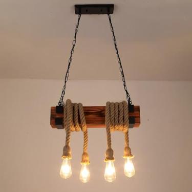 Imagem de Lustre rústico com 4 lâmpadas, luminária pendente de corda de cânhamo, estilo industrial campestre, lustre linear de 53 cm para salas de jantar, cozinhas, restaurantes, bares e decoração em