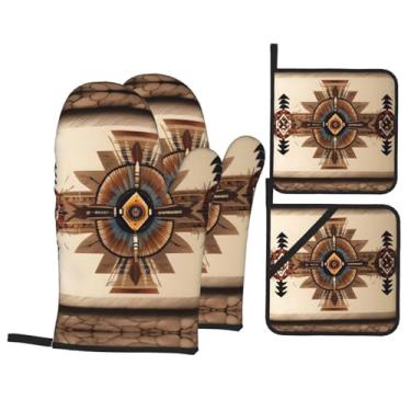 Imagem de Conjunto de luvas de forno impressas com pintura nativa americana, conjunto de 4 peças adequado para grelhar, cozinhar e assar