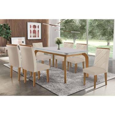 Imagem de Conjunto: Mesa Sala Jantar Londrina Tampo c/ Vidro Curvo 180cm+6 Cadeiras Pietá Madeira Naturale/Off White - Capuccino/Suede Creme - Rufato
