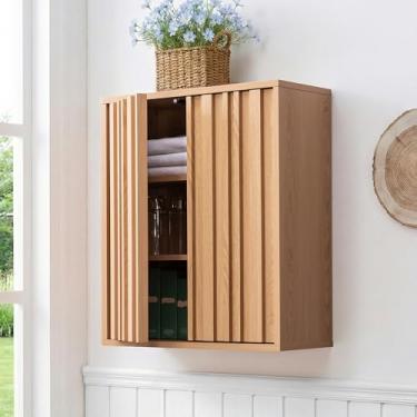 Imagem de VANIRROR Armário de parede canelado para banheiro, organizador moderno de madeira com portas de apertar para abrir, placa robusta de 15 mm de espessura, prateleiras ajustáveis, armário de remédios
