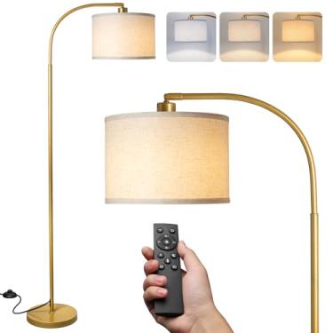 Imagem de LALISU Candeeiros de chão de arco para sala de estar, lâmpada de pé moderna com controle remoto, luminária de chão regulável com sombra de linho, lâmpada alta para quarto, escritório, sala de jantar