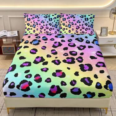 Imagem de AILONEN Jogo de lençol casal com estampa de leopardo, moderno, colorido, arco-íris, 3 peças, para crianças, adolescentes e adultos, lençol com elástico e 2 fronhas