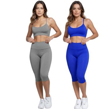 Imagem de KIT 2 Conjunto Top Alça Fina Bermuda Ciclista Serra e Mar Modas Roupa De Academia Fitness Musculação-Feminino