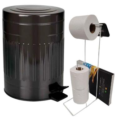Imagem de Lixeira Retrô Preta 5 Litros MOR com Suporte para Papel Higiênico 3 Rolos EVALD