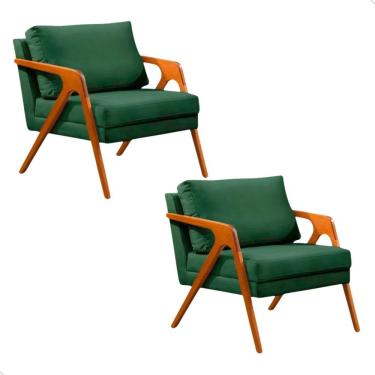 Imagem de Kit 02 Poltronas Decorativa Mona Luxo Base De Madeira Maciça Sala Recepção Veludo Verde Do Lar Móveis E Decoração