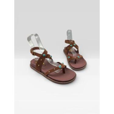 Imagem de Sandália Rasteira Feminina Com Tiras E Tachas Camurca Marrom - LITTZ, 