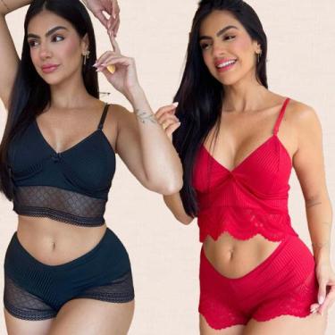 Imagem de Kit 2 Conjuntos Lingerie Canelado Confotavél Delicado Sem Bojo Shorts 