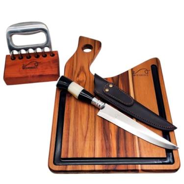 Imagem de Kit Churrasco Life BBQ Supreme, com Tábua de Churrasco Personalizada, Faca Inox Artesanal 8" com Cabo de Chifre e Osso, Bainha e Garra de Urso em Alumínio, Ideal para Churrasqueiros – WOODBULL.