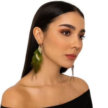 Imagem de Brinco de Pressão com Penas Verde e Folhas Douradas Luxo - anjo da mam