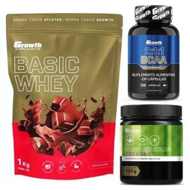 Imagem de Whey Protein Basic 1Kg + Bcaa 120 Caps + Creatina 100g Growth, Chocola