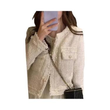 Imagem de Jaqueta Feminina Vintage De Tweed De Lã Xadrez Chique Coreano Com Fran
