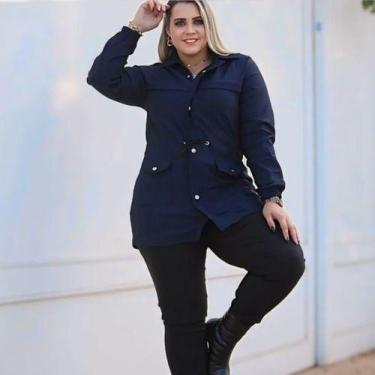 Imagem de Jaqueta Parka Feminina Plus Size Com Bolsos Ziper Frontal E Botoes Ele