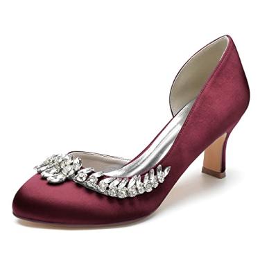 Imagem de Sapatos de noiva de casamento para mulheres sapatos de cetim salto alto redondo dedo do pé sapatos de dama de honra com strass 36-43,Burgundy,4 UK/37 EU