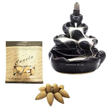 Imagem de Combo Incensário Cascata Flor de Lótus 4 Quedas Preto Cerâmica 10cm + Incenso Cone Canela
