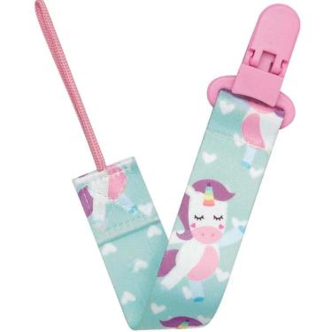 Imagem de Prendedor de Chupeta para Bebê Buba com Fecho Trava e Estampa de Unicórnio Rosa