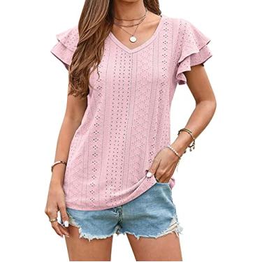 Imagem de Blusa feminina oca de manga curta verão manga com babados doce camisas casuais manga curta túnica tops liso pulôver camiseta, rosa, XGG