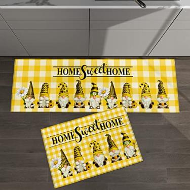 Imagem de Conjunto de 2 tapetes de cozinha para casa doce gnomo verão mel margarida flor amarelo búfalo xadrez para tapetes e tapetes acolchoados antiderrapante absorvente corredor confortável tapete de pé