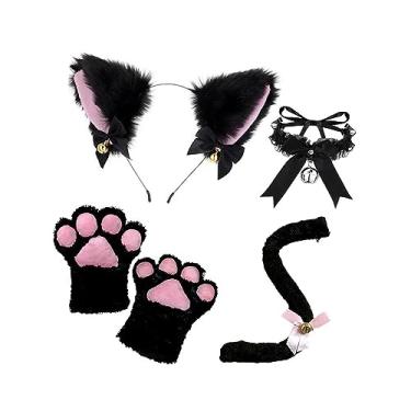 Imagem de Orelha de gato cauda e pata para crianças adultos fantasia vestido empregada cosplay animais orelhas e cauda longa traje de halloween para festa de, Preto com gravata