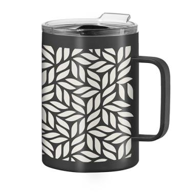 Imagem de Oggi Caneca térmica ThermoMug de aço inoxidável - parede dupla isolada a vácuo com alça e tampa, xícara de café, caneca de acampamento, garrafa térmica de viagem, 420 ml, folha geográfica