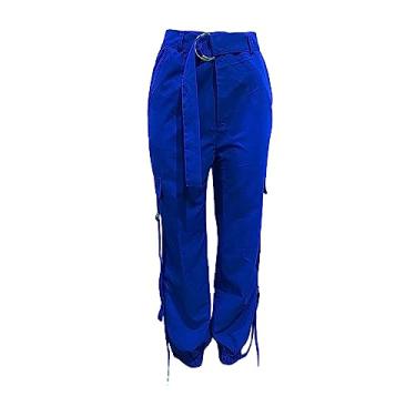 Imagem de Calças de cambraia plus size femininas folgadas calças cargo streetwear hip hop joggers calças de moletom casual solta perna larga, Azul, P