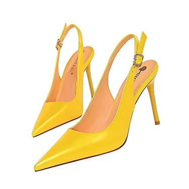Imagem de YGJKLIS Salto alto stiletto de 9,5 cm sapatos pontiagudos sexy PU Slingback tornozelo envoltório sandália de salto alto para mulheres festa de trabalho vida casamento, Amarelo, 8.5