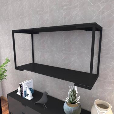 Imagem de Prateleira Industrial Suspensa Estante Parede Nicho Preto Ferro E Madeira Suporte Pratileira