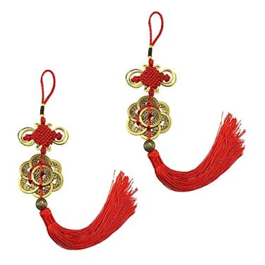 Imagem de Ciieeo 4 Pcs pingente de moeda encantos do feng shui moedas ornamento franja vermelha pingente de porta de casa decoração de interiores de carros doméstico carro pendurado inventar pendão