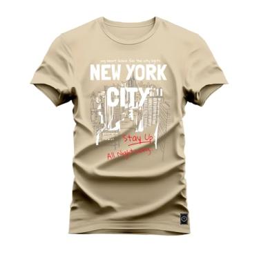 Imagem de Camiseta Casual Malha Confortável Estampada Nw York Cams Bege G