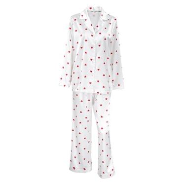 Imagem de MOLUCI Conjunto de Pijama Feminino com Estampa de Coração de Cetim Leve Manga Comprida Camisa Frontal e Calças 2 Peças Roupa de Dormir,White,S
