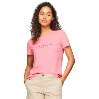 Imagem de Tommy Hilfiger Camiseta feminina de algodão de desempenho – Camisetas estampadas leves, (Nova coleção bordada) rosa glamour., G