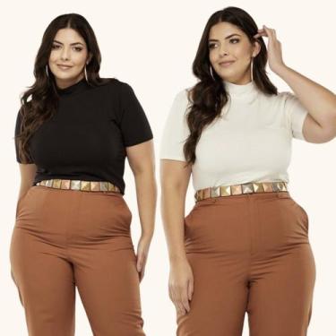 Imagem de Kit 2 Blusa Lisa Gola Alta Plus Size Estilosa Malha Elegante Social Ma