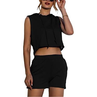 Imagem de Feminino 2 Peças Hoodies Cor Pura Cintura Elástica Camisa de Treino Conjunto Confortável Shorts de Ginástica para Mulher (XL)