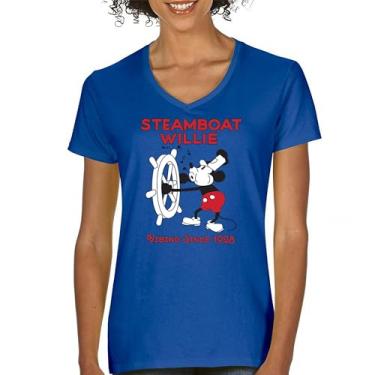 Imagem de Camiseta feminina Steamboat Willie Vibing Since 1928 gola V icônica retrô desenho mouse atemporal clássica vintage Vibe, Azul, XXG