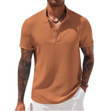 Imagem de COOFANDY Camiseta masculina casual Henley gola banda manga curta verão praia hippie camisetas, Vermelho tijolo, M