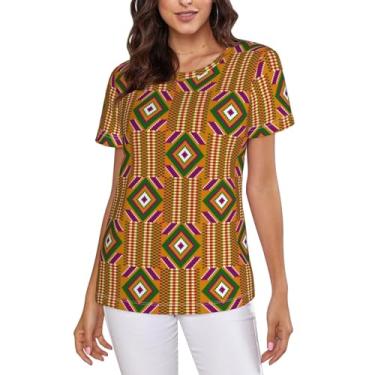 Imagem de WMQWLGOF Camiseta feminina de tecido Ghana Kente estampa tribal estampa tribal personalidade moda camisas de manga curta, Tecido Ghana Kente Estampa Africana Tribal, M