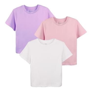 Imagem de Gorboig Camisetas femininas manga curta algodão casual unicórnio gráfico verão gola redonda camisetas tops roupas 3 conjuntos, Branco/roxo/rosa, Large