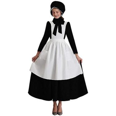 Imagem de Abaowedding Vestido feminino de fantasia American Pioneer histórico modesto pradaria colonial vestido floral preto G