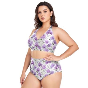 Imagem de Biquíni feminino plus size, duas peças, cintura alta, frente única, franzido com parte inferior, Flores violetas, folhas verdes, G Plus Size