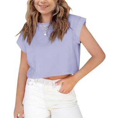 Imagem de Haloumoning Camisetas femininas de manga curta cropped manga enrolada gola redonda sólida solta camisetas básicas para o verão, Roxa, 13-14 Anos