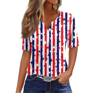 Imagem de Camiseta feminina com bandeira dos EUA 4 de julho, camiseta Memorial Day, camisetas listradas, roupas de verão, Azul, GG
