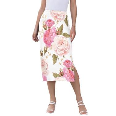 Imagem de Foiosoh English Roses Saia midi elástica feminina para meninas adolescentes saia rodada com fenda para praia, Rosas inglesas, GG