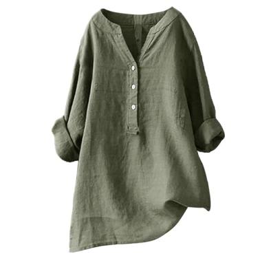 Imagem de Camisetas de linho para mulheres, cor sólida, manga comprida, blusas Henley folgadas, roupas casuais de verão, Marrom, GG