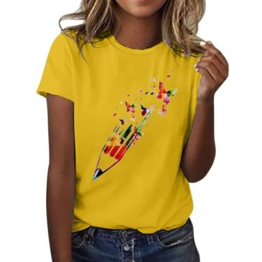 Imagem de Camiseta feminina de verão com estampa de borboleta, manga curta, gola redonda, túnica casual moderna, Amarelo, P