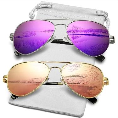 Imagem de AIEYEZO Óculos de sol clássico aviador polarizado para homens e mulheres, armação de metal com dobradiça de mola, proteção UV400, Pacote com 2 (espelho prata/roxo + espelho dourado/rosa), MM