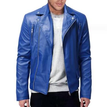 Imagem de Ruixinxue Jaqueta masculina moderna de couro com lapela e zíper assimétrico, jaqueta de motociclista leve e slim fit, Azul, 5G