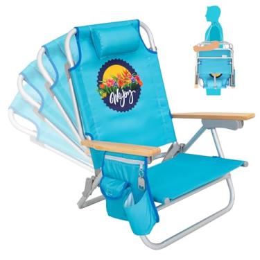 Imagem de #WEJOY Cadeira de praia com 4 posições para adultos, mochila portátil, cadeira de praia de alumínio com apoio de braço de madeira, cadeiras dobráveis leves com bolso traseiro para gramado, piscina