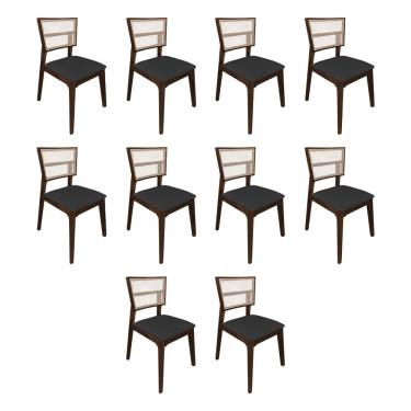Imagem de  Kit 10 Cadeiras De Jantar Manuela Em Tela Assento Facto Preto Base Em Madeira Maciça - Natural