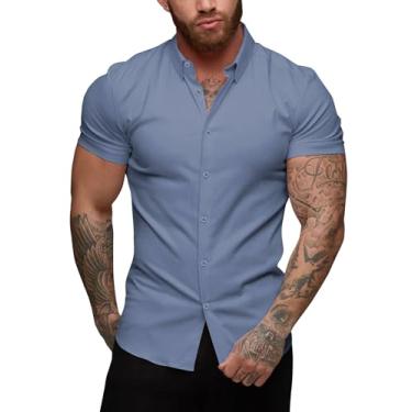 Imagem de URRU Camisa social masculina slim fit stretch manga curta casual abotoada para homens, Manga curta - azul jeans, GG